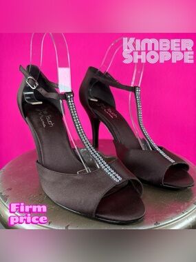 The Touch of Nina Gamblet Brown Satin Rhinestone High Heel Sandal US 9.5 UK 7.5